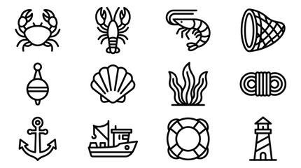 Nautical Icons: Crab, Lobster, Shrimp, Net, Anchor, Boat, Lighthouse, Buoy, Shell, Seaweed © 50mas