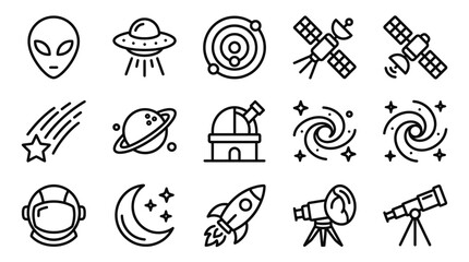 Space Icons Collection: Alien, UFO, Rocket, Astronaut, Telescope, Planets, Stars © 300mas