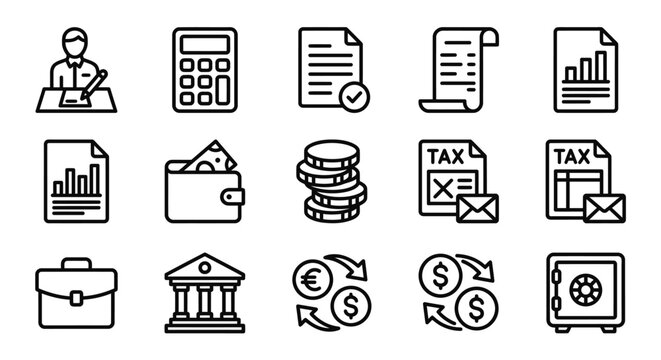 Finance and Accounting Icons: Business, Money, Tax, Bank, Safe, Calculator, Documents