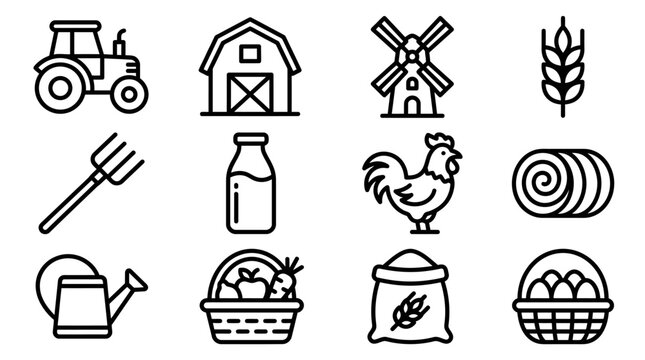 Farm icons set: tractor, barn, windmill, wheat, pitchfork, milk, rooster, hay bale