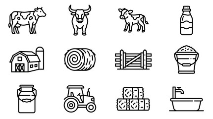 Farm Icons: Cow, Bull, Calf, Barn, Tractor, Hay Bale, Milk, Fence, Bucket © 400bos