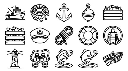 Nautical Icons: Fishing Boat, Anchor, Lighthouse, Buoy, Rope, Life Ring, Fish, Binoculars, Boat © 300mas