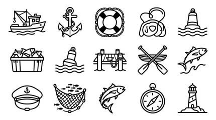 Nautical Icons Set: Fishing Boat, Anchor, Lighthouse, Compass, Fish, Buoy, Net © 300mas