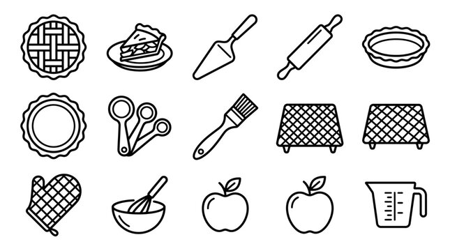 Baking Icons: Pie, Slice, Utensils, Rolling Pin, Oven Mitt, Whisk, Apples, Measuring Cup