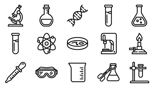 Science Laboratory Equipment Icons: Microscope, DNA, Flasks, Beaker, Bunsen Burner