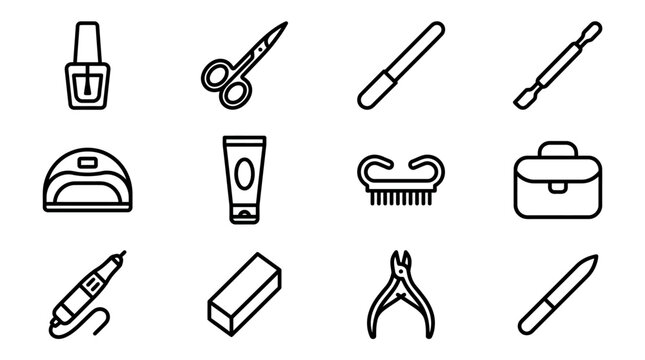 Nail Care Icons Set: Manicure Tools, Polish, Lamp, Cream, Cuticle Nipper, File