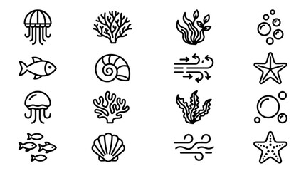 Ocean Life Icons: Jellyfish, Fish, Coral, Seashell, Seaweed, Starfish, Bubbles © 300mas