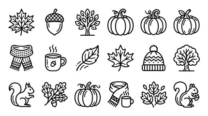 Autumn Icons Set: Maple Leaves, Acorns, Pumpkins, Squirrels, Scarves, Hats, Trees, Hot Drinks © 400bos