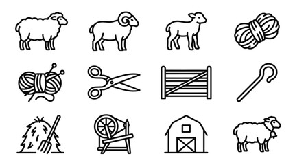Obraz premium Sheep Farming Icons: Wool, Barn, Tools, and Animals - Vector Graphics