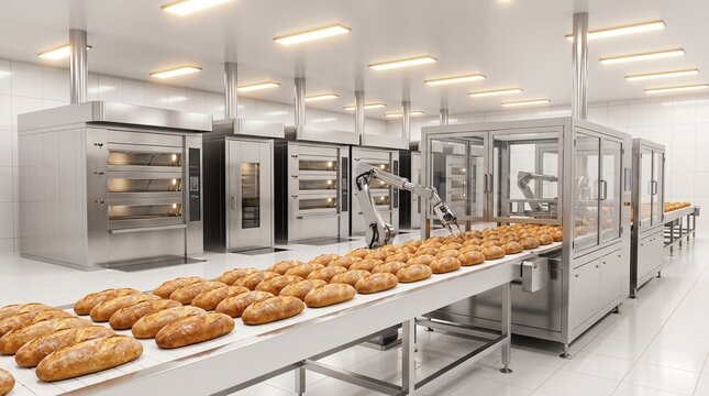 Fresh bread loaves moving on a metal conveyor belt in a modern industrial bakery factory with automated machinery and professional food production equipment