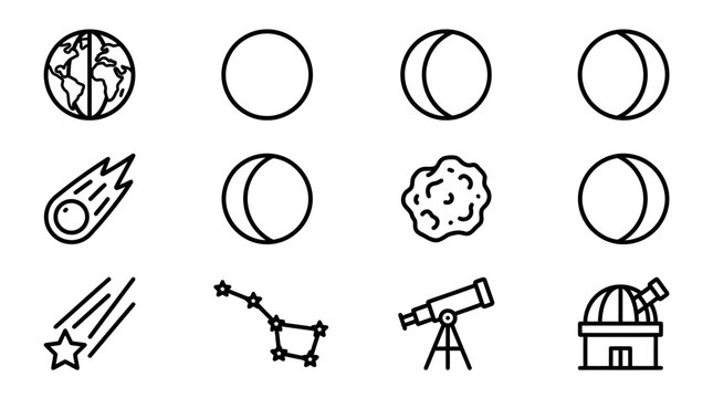 Celestial Icons: Earth, Moon Phases, Comet, Asteroid, Constellation, Telescope