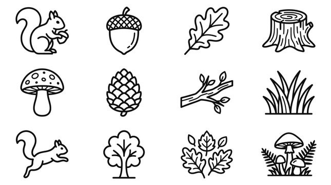 Forest Icons: Squirrel, Acorn, Leaf, Mushroom, Pinecone, Tree Stump, Branch, Grass