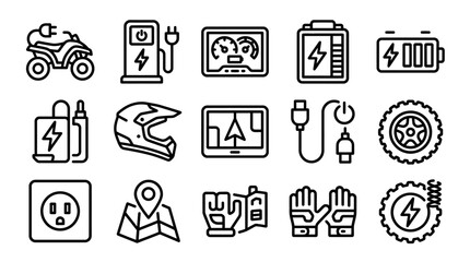 Electric ATV and Charging Icons: Motorbike, Charger, Battery, Dashboard, Helmet, Map, Gloves © Anginbenjol