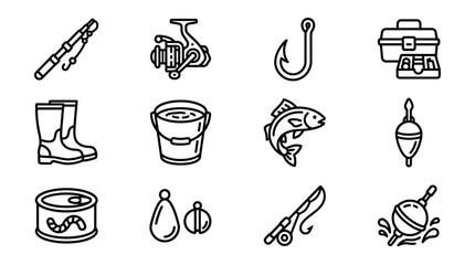 Fishing Gear Icons Set: Rod, Reel, Hook, Tackle Box, Boots, Worms, Fish, Bobbers © Anginbenjol