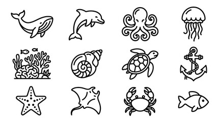 Nautical Ocean Life Icons: Whale, Dolphin, Octopus, Jellyfish, Turtle, Starfish, Crab, Fish © 400bos