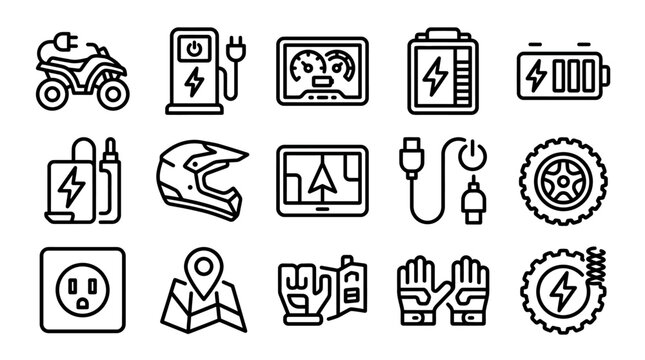 Electric ATV and Charging Icons: Motorbike, Charger, Battery, Dashboard, Helmet, Map, Gloves