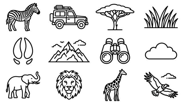 African Safari Icons Set: Zebra, Elephant, Giraffe, Lion, SUV, Binoculars, Nature