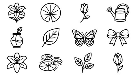 Set of 12 Hand-Drawn Garden and Nature Icons: Flowers, Butterfly, Watering Can, Leaves, Lily Pad © Anginbenjol