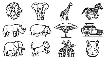 African Safari Animals Icons Set: Lion, Elephant, Giraffe, Zebra, Rhino, Hippo, SUV © Anginbenjol