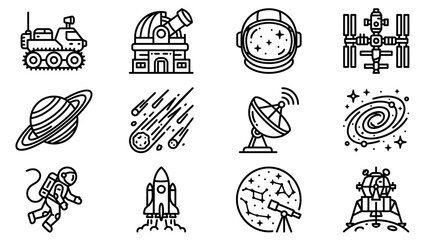 Space Exploration Icons: Rocket, Astronaut, Satellite, Telescope, Nebula, Planet © Anginbenjol