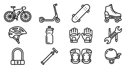 Outdoor Sports Equipment Icons: Bicycle, Scooter, Skateboard, Roller Skates, Helmet © Boycilik