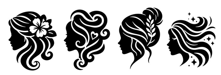 Fototapeta premium Row of four black silhouette icons showing women faces with wavy hairstyles and floral accents, a decorative border set for beauty, fashion and hair salon branding.
