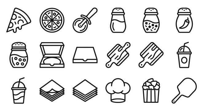 Pizza Restaurant Icons: Slice, Pie, Cutter, Shakers, Box, Board, Drink, Napkins, Chef Hat, Fries, Spatula
