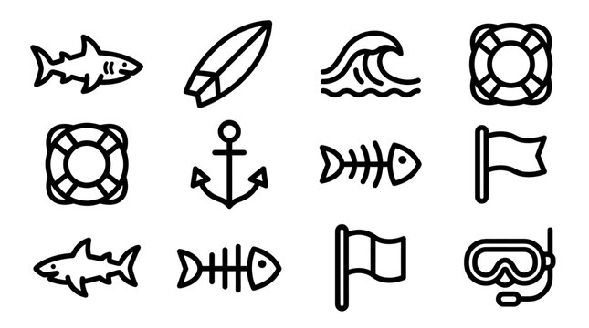 Ocean Icons Set: Shark, Surfboard, Wave, Lifebuoy, Anchor, Fishbone, Flag, Mask