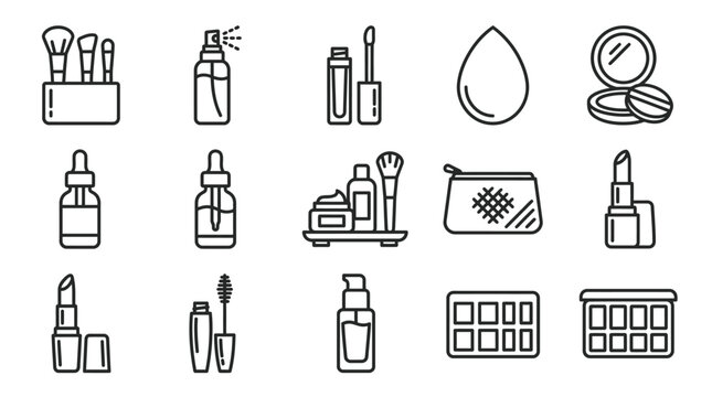 Cosmetic Icons: Makeup Brushes, Lipstick, Serum, Foundation, Mascara, Palette