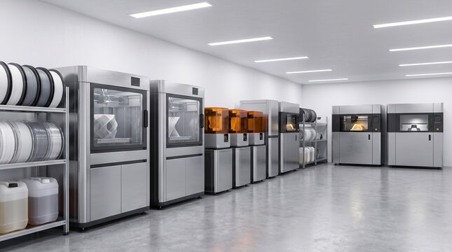 A row of modern industrial 3d printers and additive manufacturing machines working in a clean professional laboratory environment for rapid prototyping