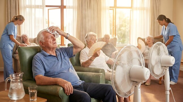Elderly group sitting in nursing home during heatwave with caregivers providing care and fans for cooling while an old man rests in his armchair with damp cloth on his sweating head.