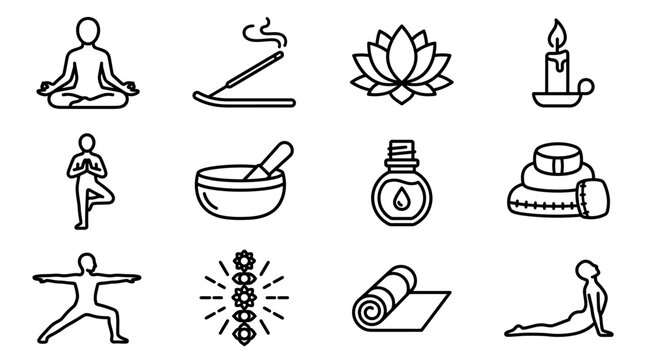 Yoga and Meditation Icons: Lotus, Candle, Incense, Mat, Essential Oil, Chakras