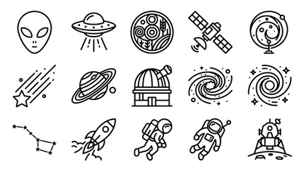 Space Icons: Alien, UFO, Planet, Astronaut, Rocket, Satellite, Observatory, Galaxy, Constellation © Domboancok