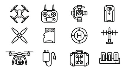 Drone Technology Icons: Quadcopter, Remote, Gimbal, Battery, SD Card, Propeller © Boycilik
