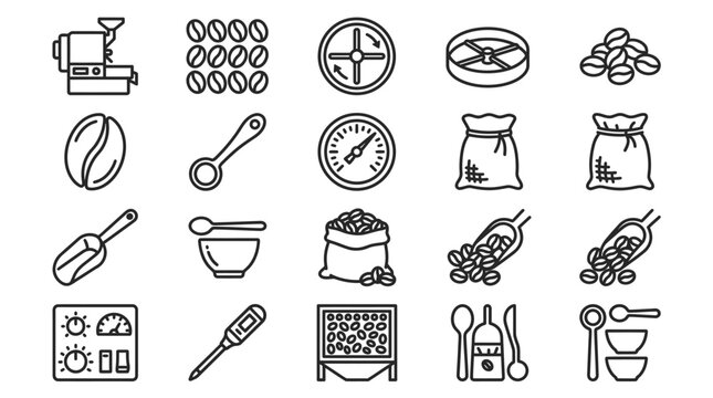 Coffee Bean Processing and Roasting Icons Set