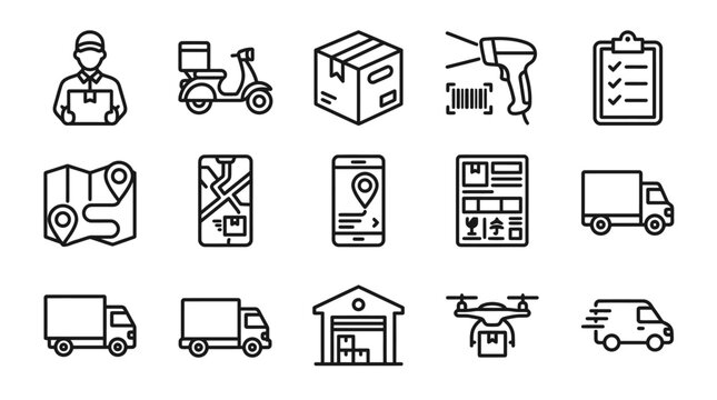 Logistics and Delivery Icons: Shipping, Tracking, Warehouse, Drone, Map, Truck, Scooter