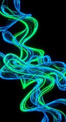 Fototapeta premium Abstract background with glowing neon light lines in wavy motion. Digital 3D wallpaper with vibrant lime and blue curved shapes. Retro Y2K style visual for modern artistic web design.