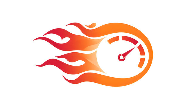 Fast speedometer icon with burning orange flames illustration