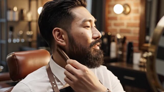Asian man grooming his stylish beard with a wooden comb inside a rustic vintage barbershop at sunset