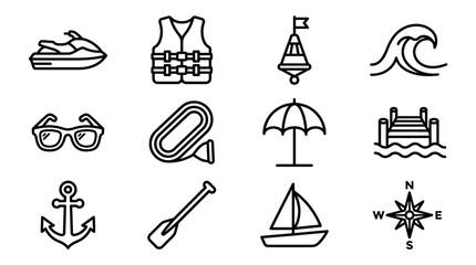 Water Sports and Beach Icons Set: Jet Ski, Life Vest, Buoy, Wave, Sunglasses, Kayak, Umbrella, Dock © Boycilik