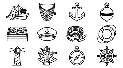 Nautical Icons: Fishing Boat, Anchor, Net, Lighthouse, Compass, Ship Wheel & More © Domboancok