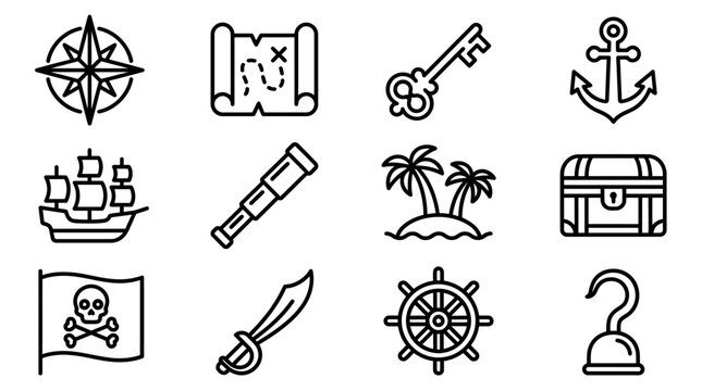 Pirate Icons: Treasure Map, Ship, Compass, Anchor, Key, Sword, Skull Flag, Spyglass, Chest, Island