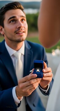 Young Man Proposing with Diamond Ring Outdoors at Sunset