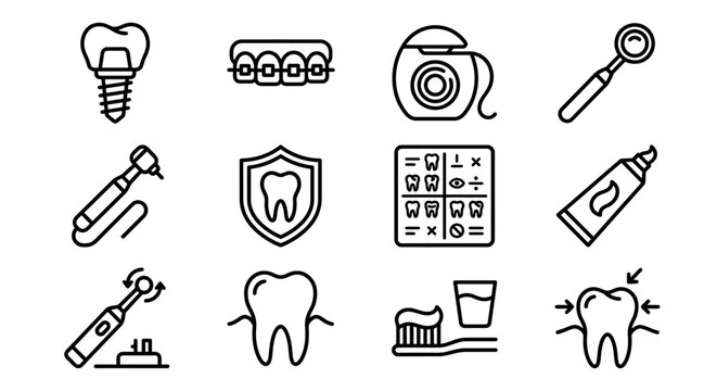 Dental Care Icons: Tooth Implant, Braces, Floss, Mirror, Drill, Shield, Tooth Chart, Paste