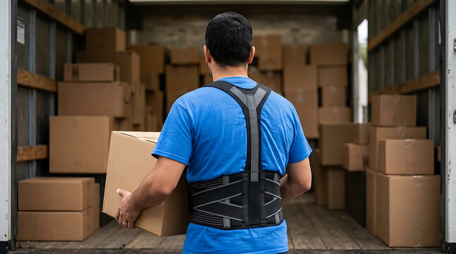 Worker wearing a back brace safely loads a cardboard box into a moving truck filled with many packages