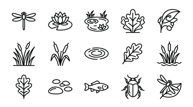 Pond Life Icons: Dragonfly, Lotus, Cattails, Fish, Oak Leaves, Beetle, Rocks