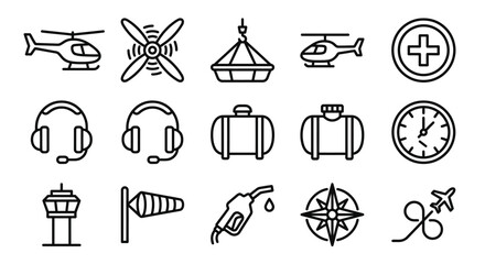 Aviation Icons Set: Helicopter, Propeller, Crane, Fuel, Compass, Clock, Tower, Wind Sock © Hanzcoli