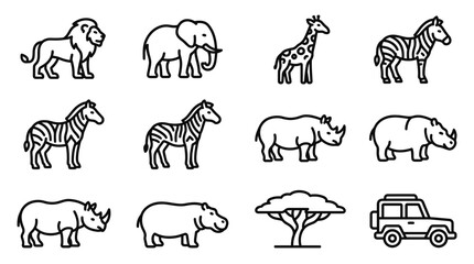 African Safari Animals Icons: Lion, Elephant, Giraffe, Zebra, Rhino, Acaci Tree, Jeep © Domboancok