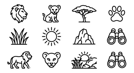 Safari Icons: Lion, Cub, Acacia Tree, Paw Print, Sun, Rocks, Binoculars, Grass © Domboancok