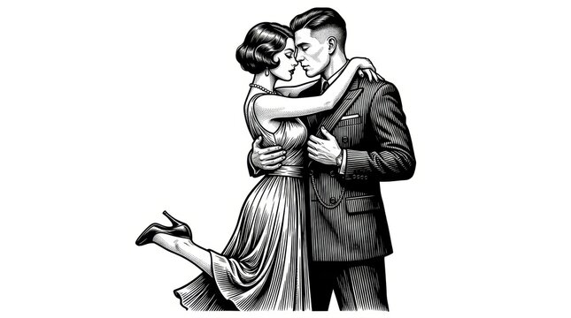 Black and White Scratchboard Illustration of Elegant Couple Dancing &ndash; Vintage Ballroom Engraving
